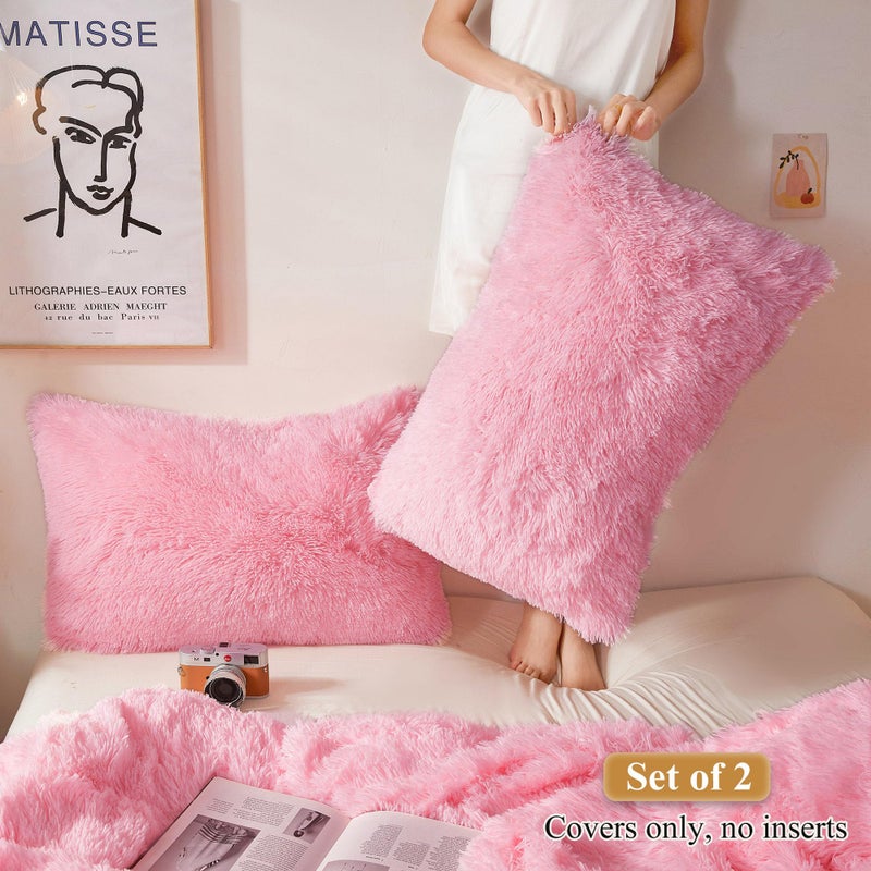 XeGe Faux Fur Throw Pillow Cases, Plush Shaggy Ultra Soft Pillow Covers, Fluffy Crystal Velvet Decorative Pillowcases, Furry Fuzzy Pillow Shams Zipper Closure, Set of 2(Standard, Light Pink) - Image 2